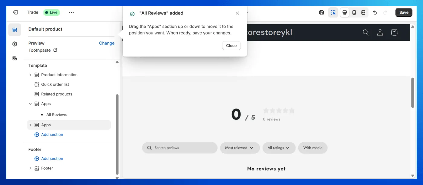 Add Klaviyo widget in Shopify editor