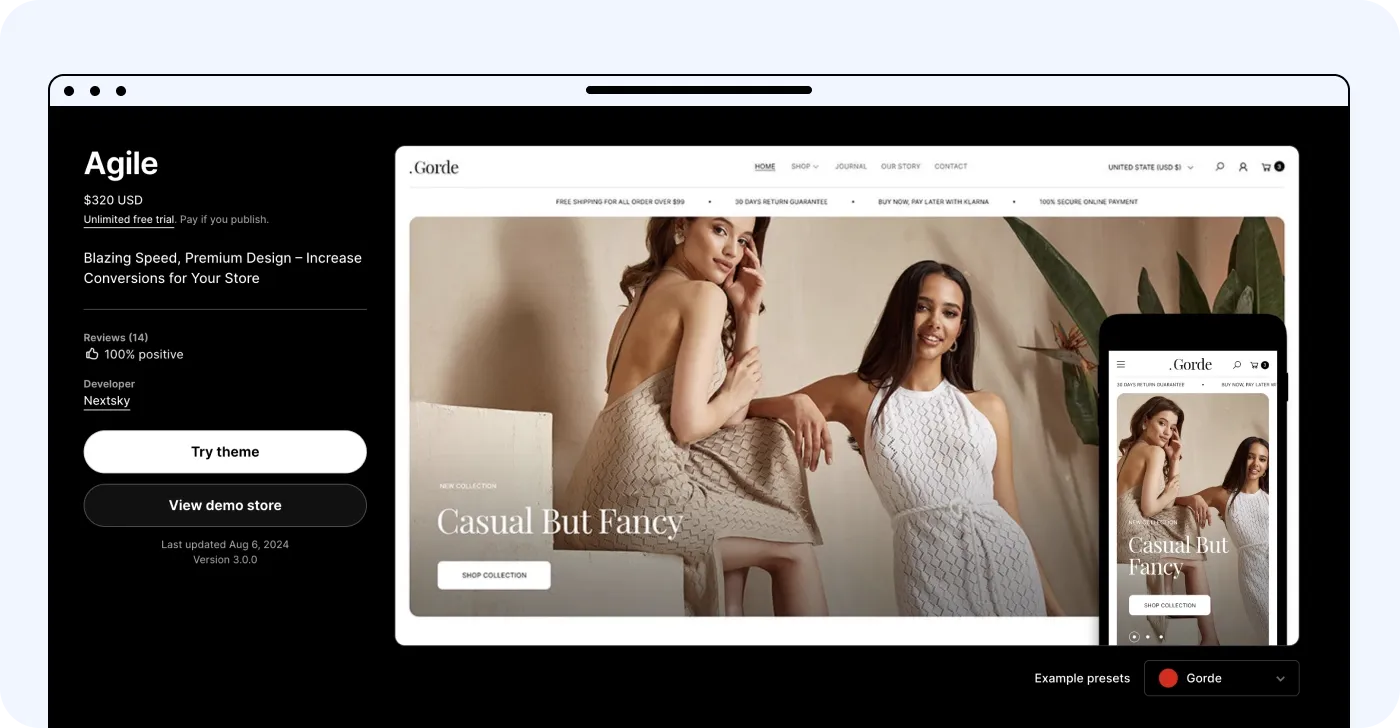 Agile Shopify clothing theme