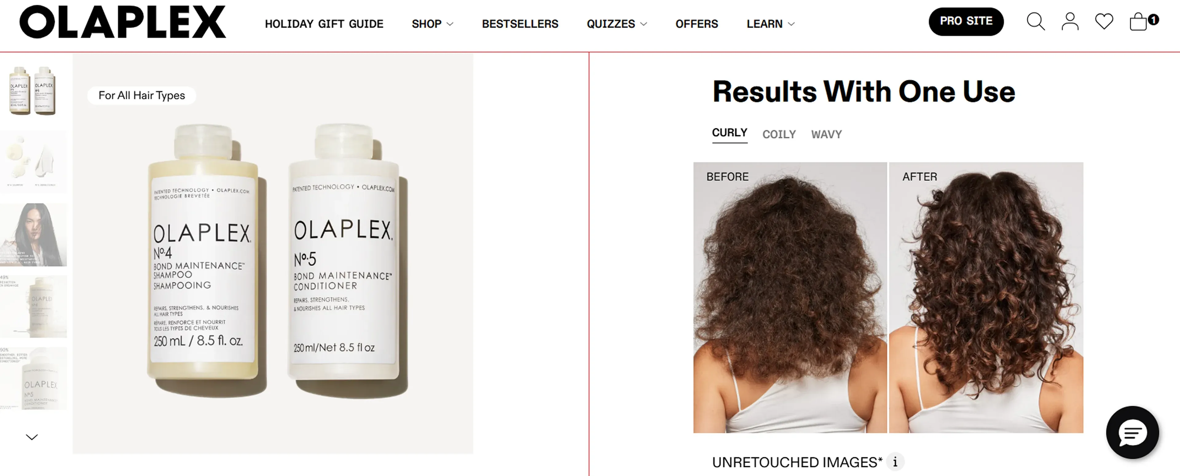 Before and After photos on Olaplex's PDP Before and After photos on Olaplex's PDP