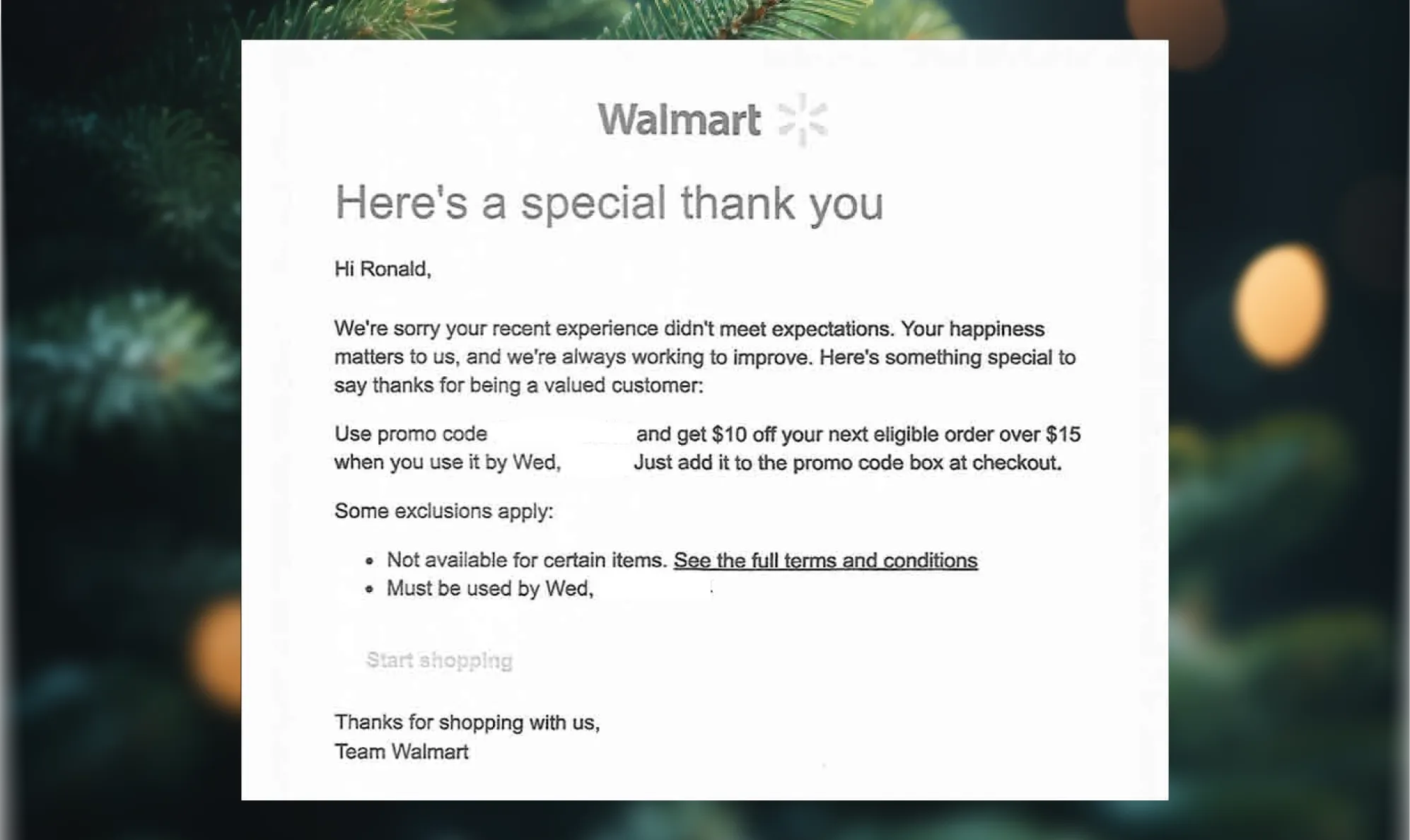 Promocode instead of a refund example