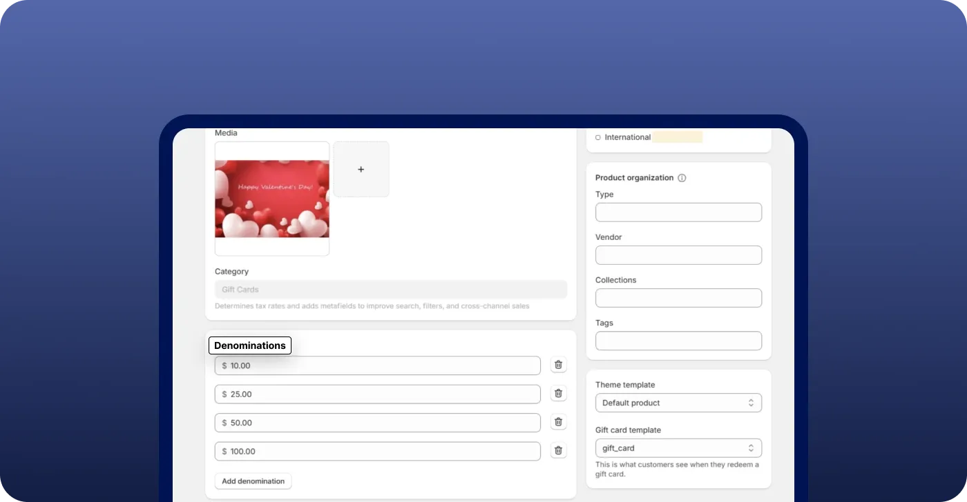 Select the denominations for your gift cards