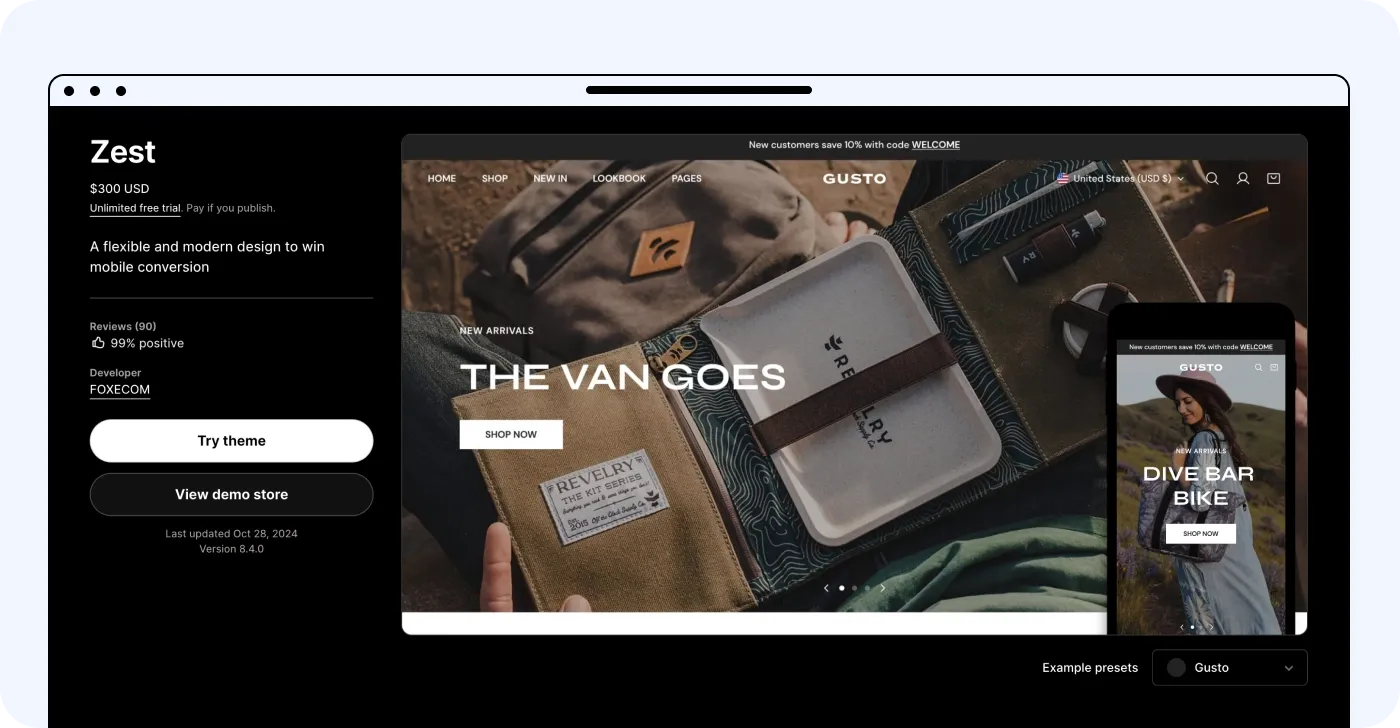 Zest Shopify clothing theme
